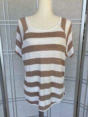 FRAME White/Beige Striped Short Sleeve Tee sz L
